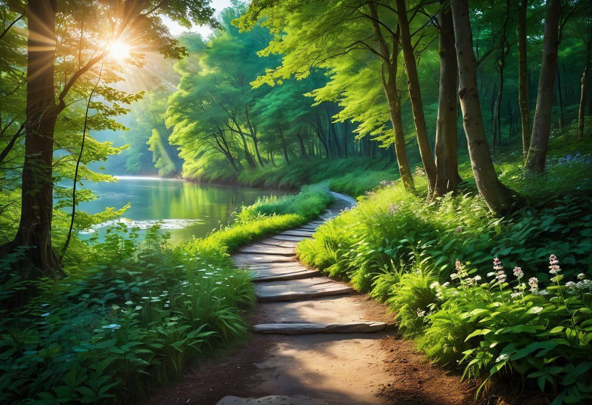 A serene landscape depicting a winding path through a lush green forest, with rays of sunlight filtering through the leaves, symbolizing positivity and emotional growth. Along the path, colorful flowers bloom, representing different emotions. In the distance, a tranquil river flows, reflecting the sky's vibrant colors. The atmosphere is peaceful, exuding tranquility and contentment. painting. vibrant colors. soft focus.
