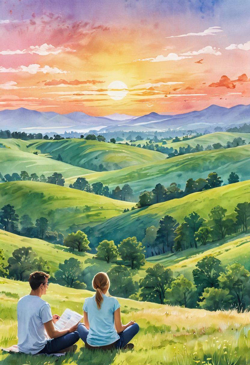 A serene landscape featuring a peaceful sunrise over rolling hills, with a diverse group of people joyfully engaging in various activities symbolizing happiness, such as laughter, reading, and nature exploration. Overlay transparent bar graphs and pie charts subtly integrated into the sky, representing statistical data on happiness. Soft pastel colors enhance the calming atmosphere, evoking a sense of bliss. watercolor style. vibrant colors.