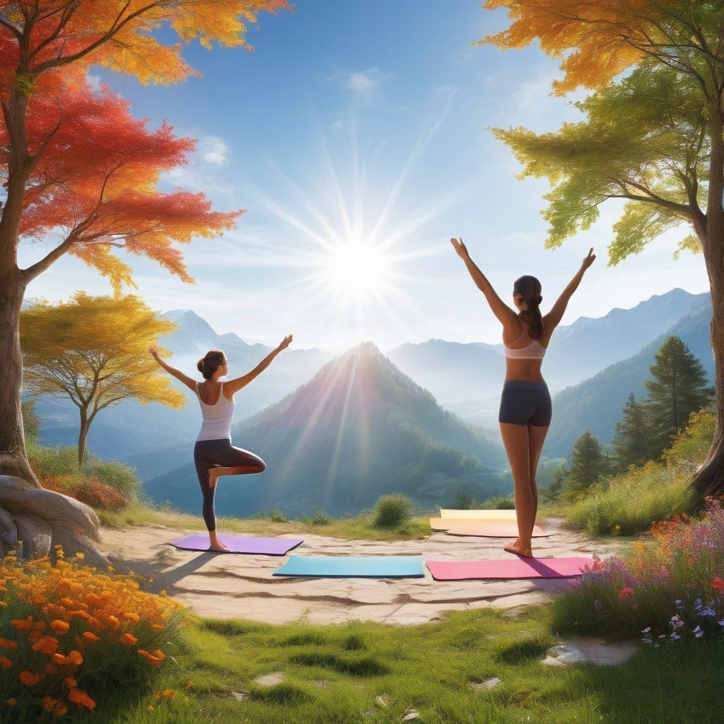 A serene landscape featuring a diverse group of people engaging in various activities that promote emotional well-being, such as yoga, meditation, and nature walks. Integrate elements of data visualization, like colorful graphs and charts subtly interwoven into the scenery, symbolizing a data-driven approach to happiness. The sky should be bright and uplifting, with rays of sunlight illuminating the scene, emphasizing positivity and sustainability. The overall color palette should be vibrant and inviting, encouraging a sense of peace and joy. super-realistic. vibrant colors. white background.